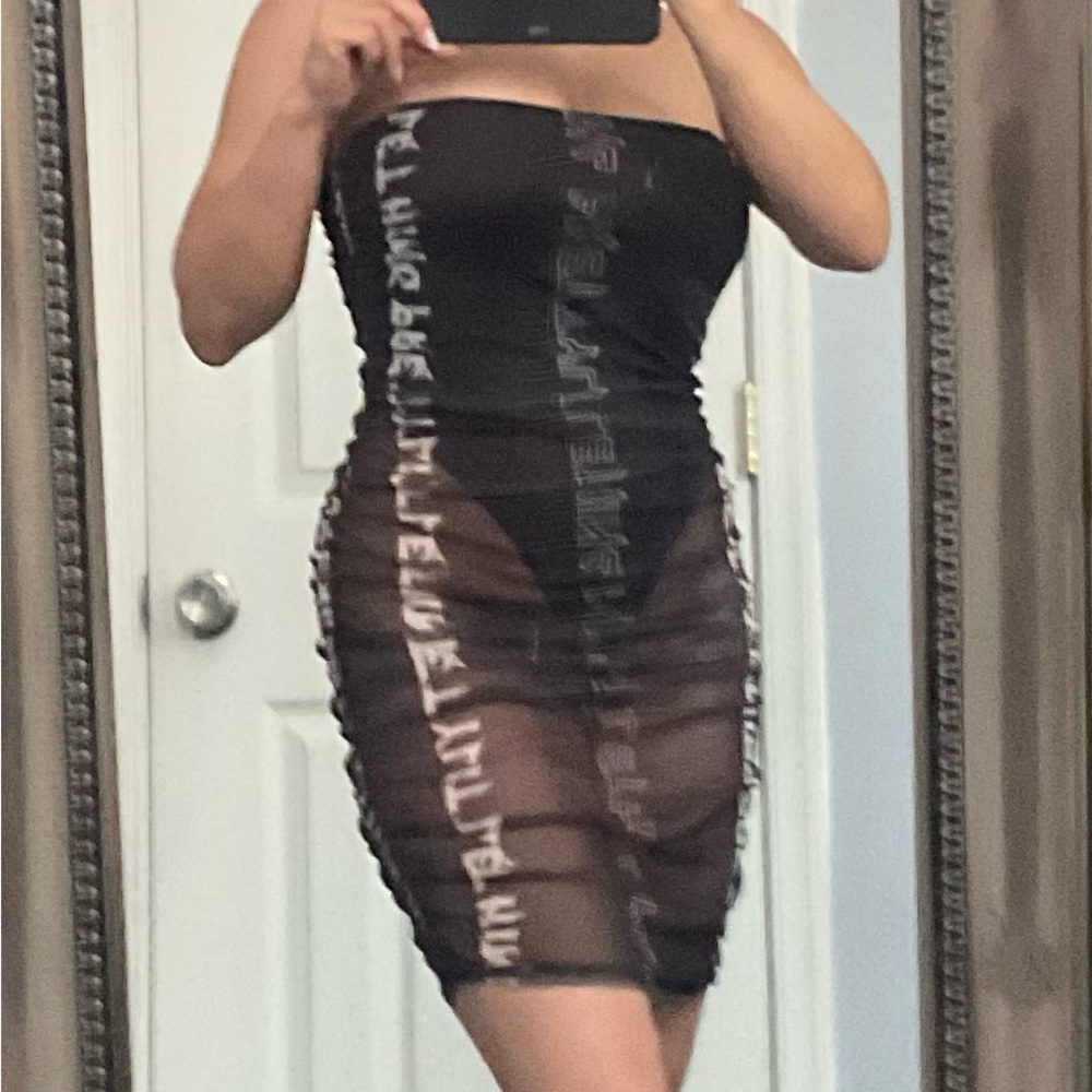 Pretty Little Thing~ Black Thong Sheer Tube Dress w/ White Print